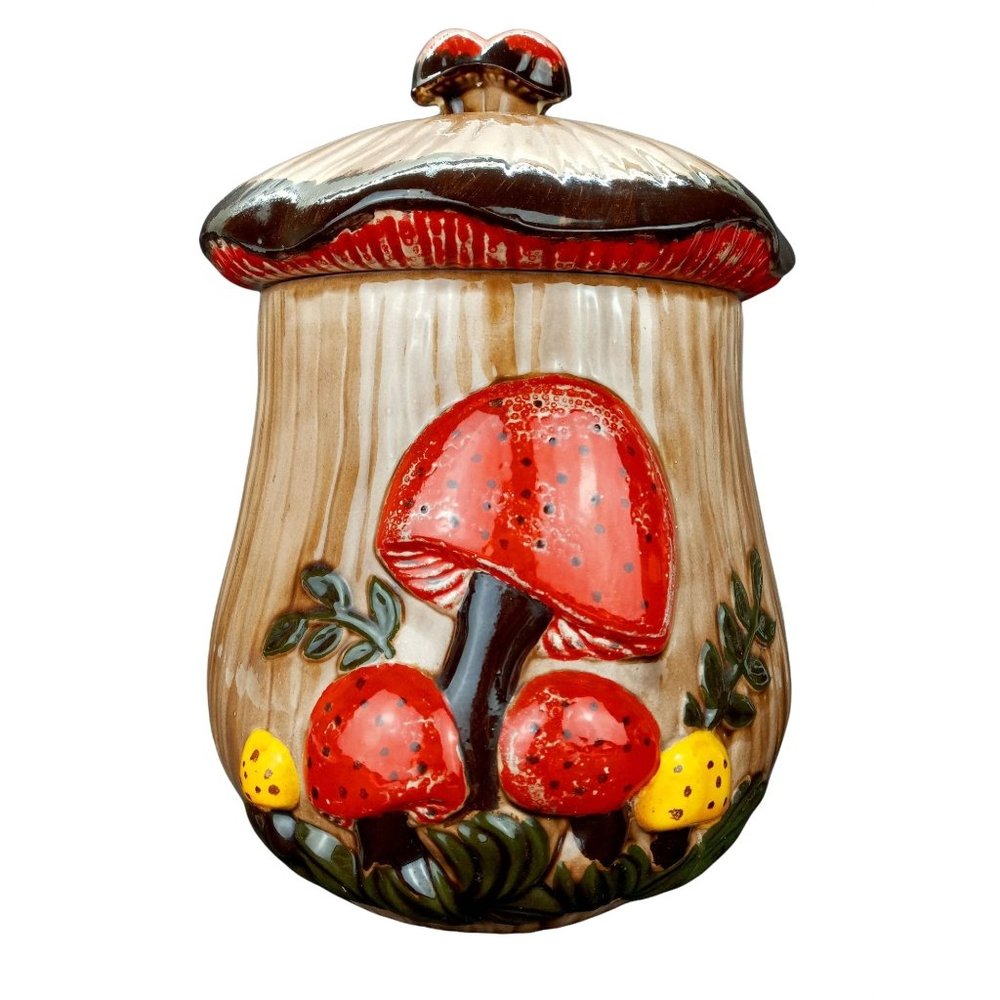 Vintage Mushroom Cookie Jar Orange Arnel's Hand Painted Ceramic Signed Canister